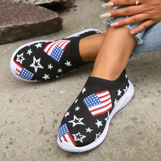 Women's Flag Pattern Knit Slip-On Sneakers Low Round Toe Non-Slip Shoes