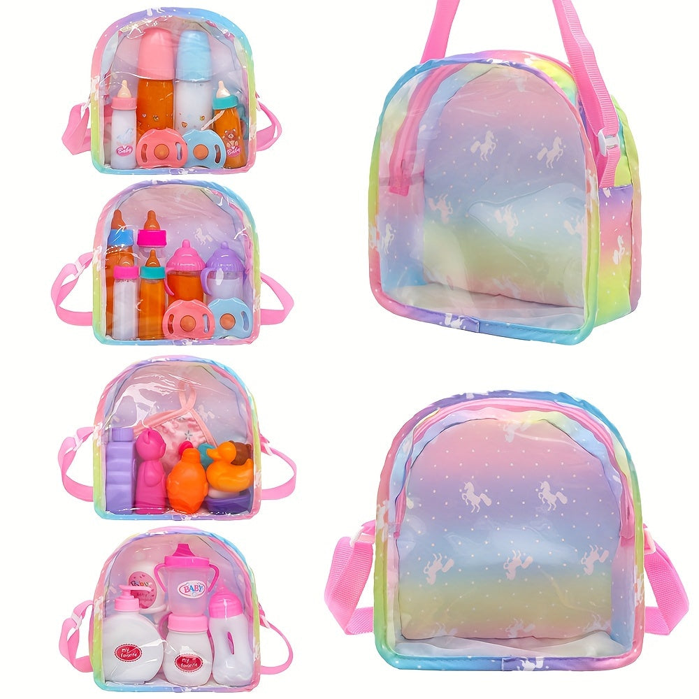Unicorn Themed Doll Backpack for 12-15 Inch Dolls with Multiple Compartments