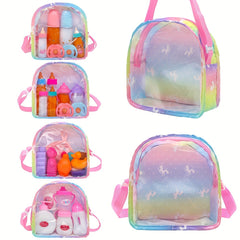 Unicorn Themed Doll Backpack for 12-15 Inch Dolls with Multiple Compartments
