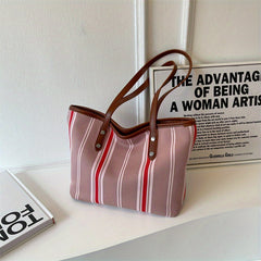 Retro Striped Tote Bag Canvas Shoulder Bag Women's Casual Versatile Handbag