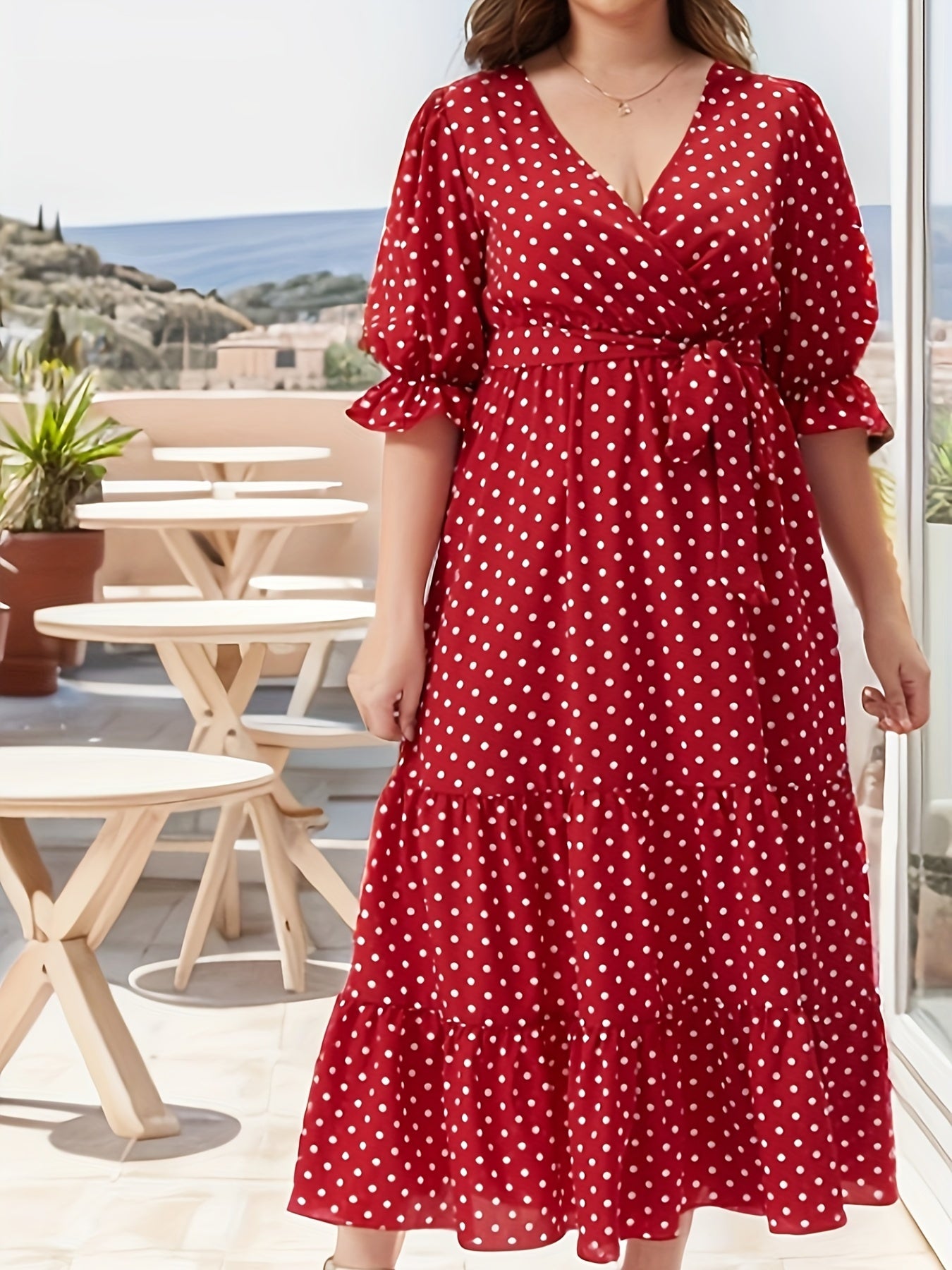 Plus Dot Print Flounce Sleeve Surplice Neck Maxi Dress