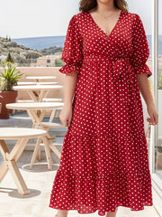 Plus Dot Print Flounce Sleeve Surplice Neck Maxi Dress