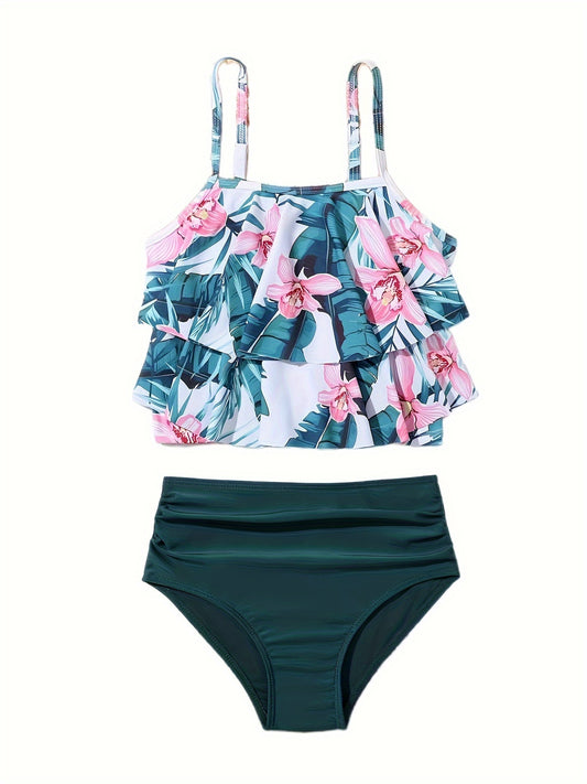 Girls Flower Graphic Swimwear Set Ruffle Trim Bathing Suit