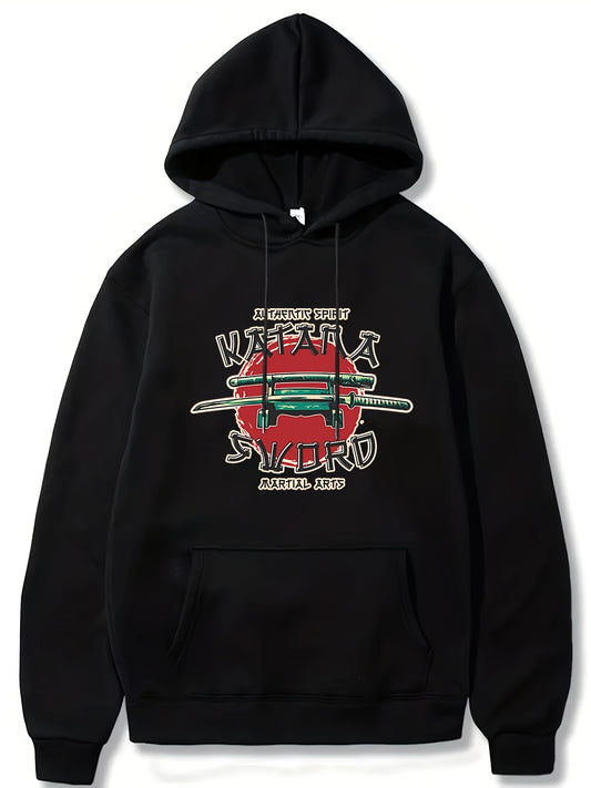 Japanese Sword Print Men's Hooded Sweatshirt for Autumn Winter