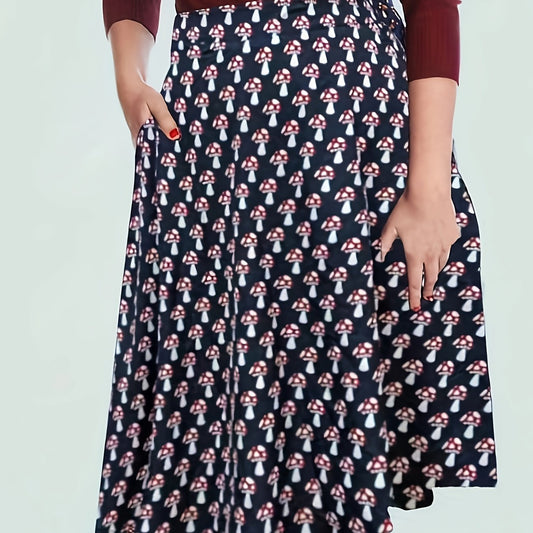  Mushroom Print A-line Maxi Skirt with Pockets