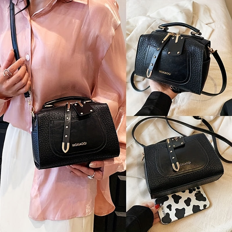 Crocodile Embossed Crossbody Bag Letter Studded Decor Shoulder Bag