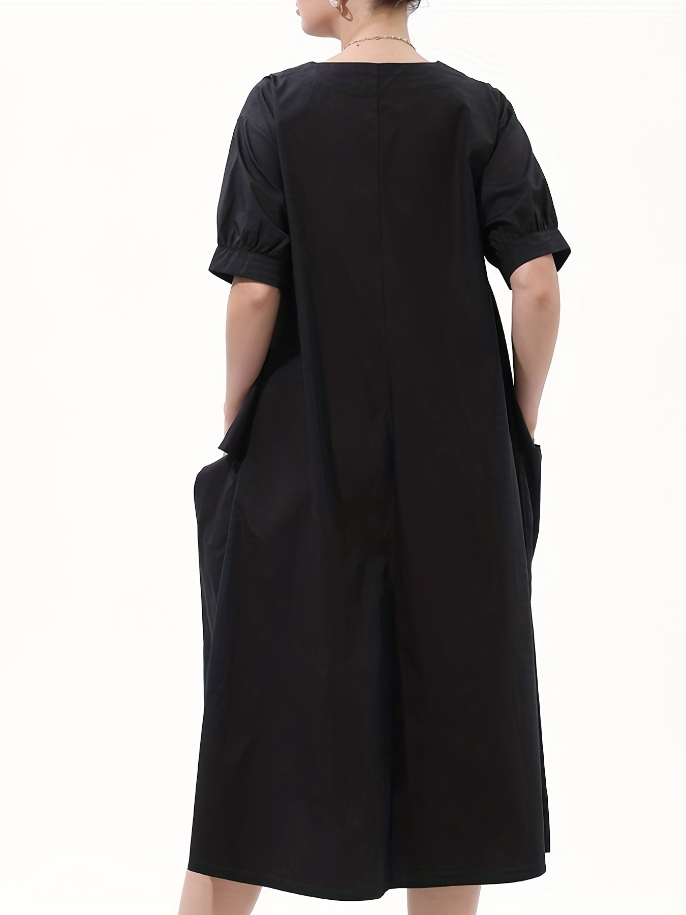  V-Neck Button Decor Loose Dress With Pockets