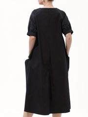  V-Neck Button Decor Loose Dress With Pockets