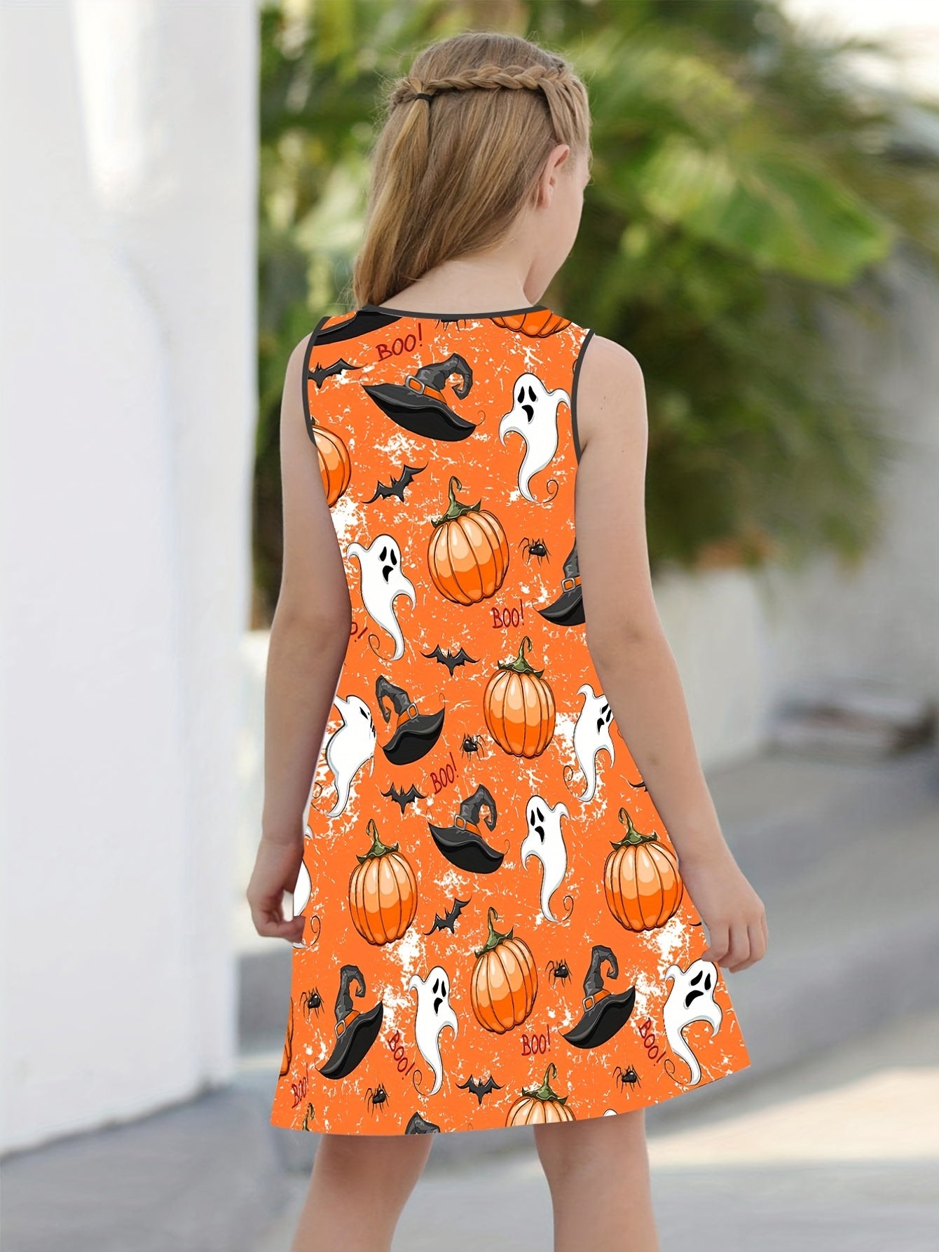 Girls Pumpkin & Ghost Sleeveless Dress Round Neck Halloween Casual Dress