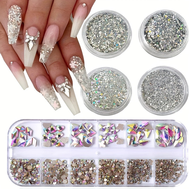 4 Boxes AB Crystal Nail Art Rhinestones Gemstones Pearls for Nails