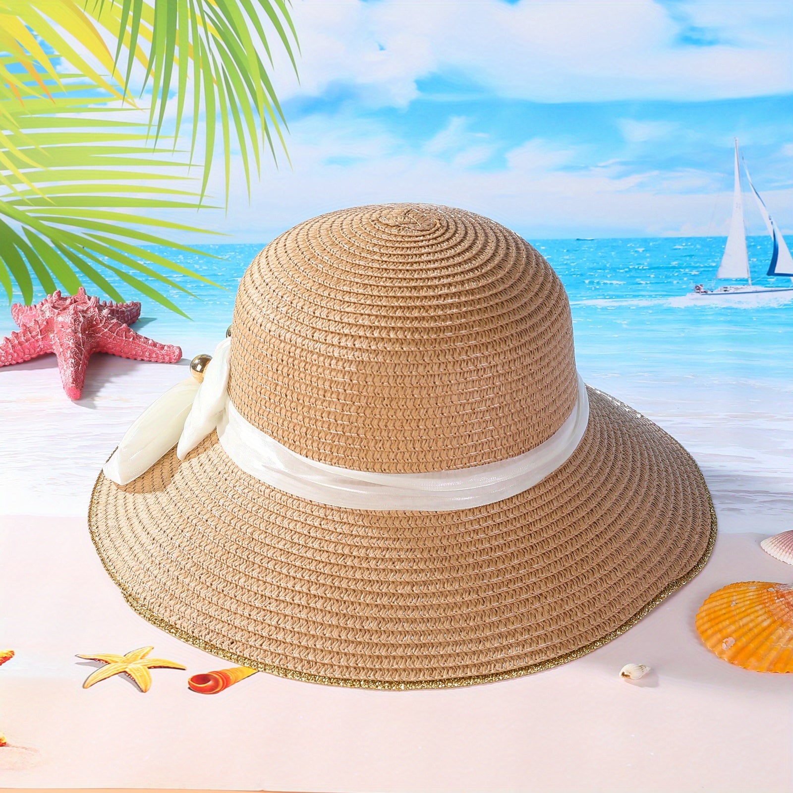 Golden Edge Straw Hat With Ribbon Sun Protection Vacation Hat