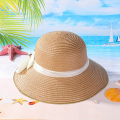 Golden Edge Straw Hat With Ribbon Sun Protection Vacation Hat
