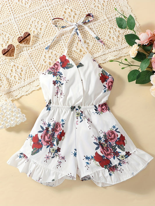 Girls Floral Print Wrap Front Casual Romper Shorts For Beach Vacation