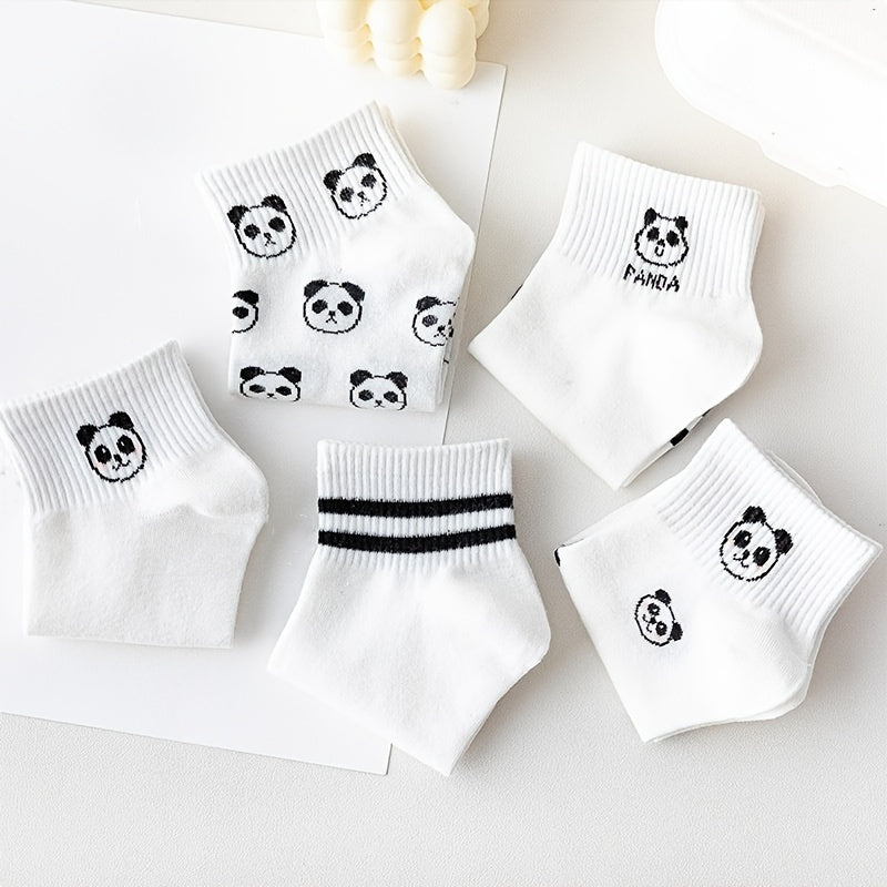 5 Pairs Women's Panda Print Cotton Ankle Socks