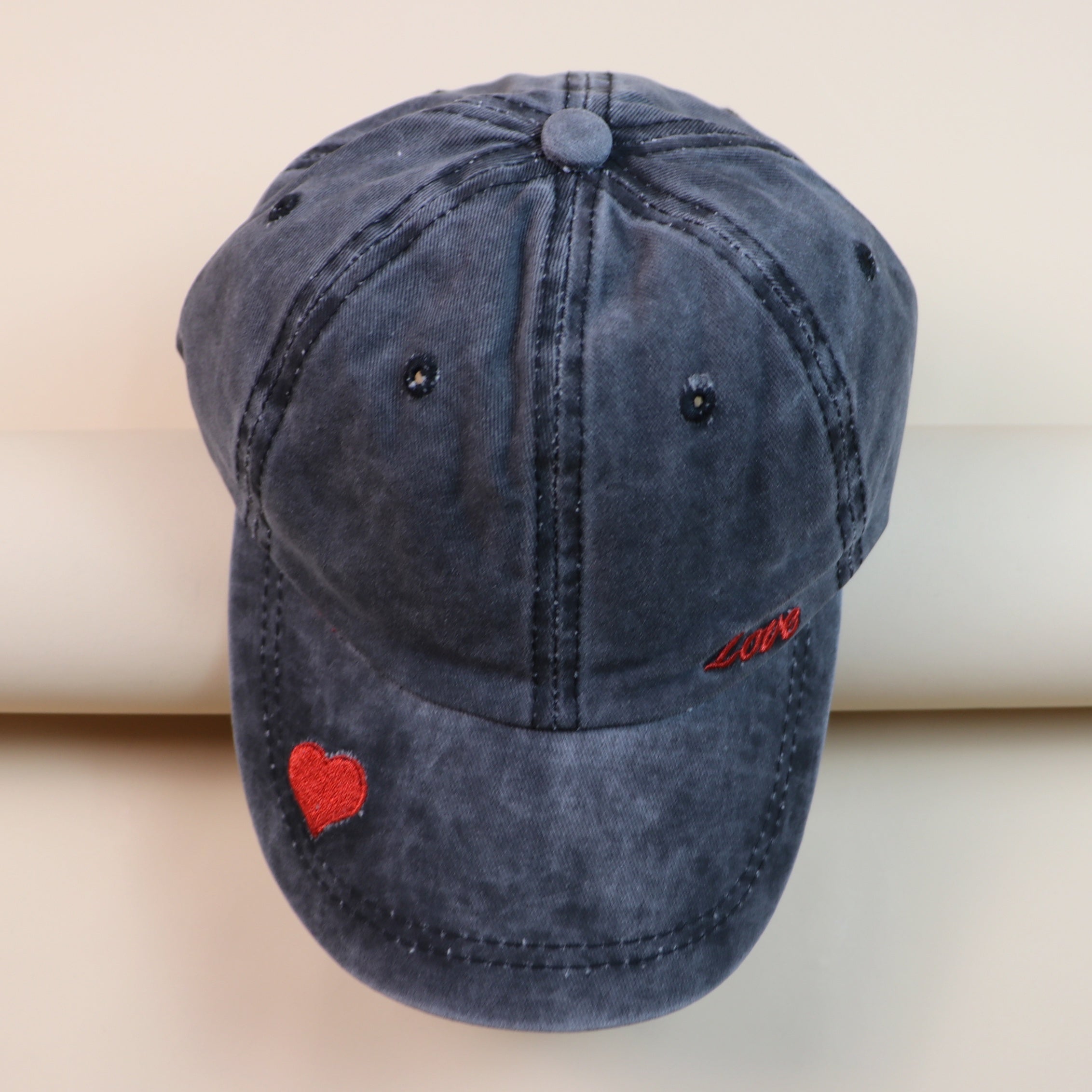 Red Love Embroidery Distressed Baseball Cap