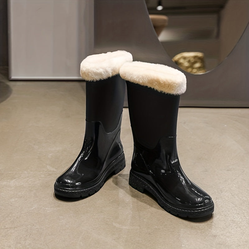 Women's Fleece Liner Rain Boots Slip on Mid Calf Boots