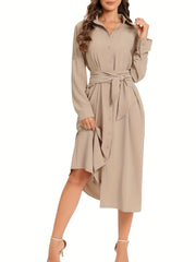 Button Belted Shirt Dress With Pocket Long Sleeve Dress