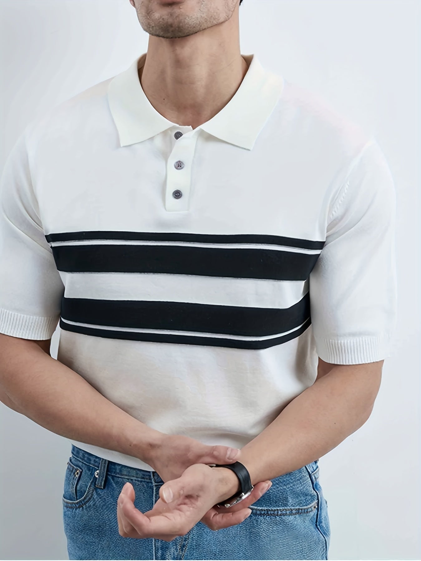 Striped Pattern Knit Short Sleeves Polo Shirt Men's Casual Lapel High Stretch