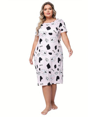 Women's Plus Cow Print Short Sleeve Round Neck High Stretch Sleep Dress