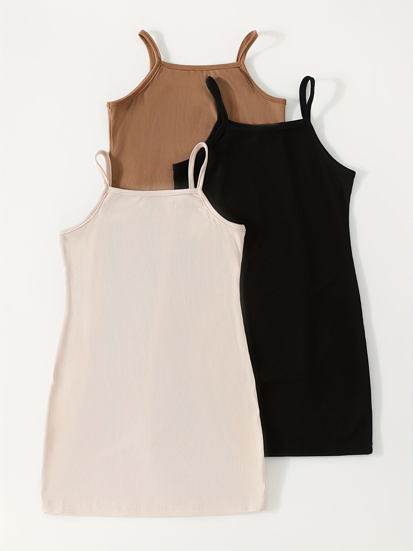 3pcs Girls Ribbed Bodycon Cami Dress w/ Adjustable Straps