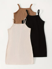 3pcs Girls Ribbed Bodycon Cami Dress w/ Adjustable Straps
