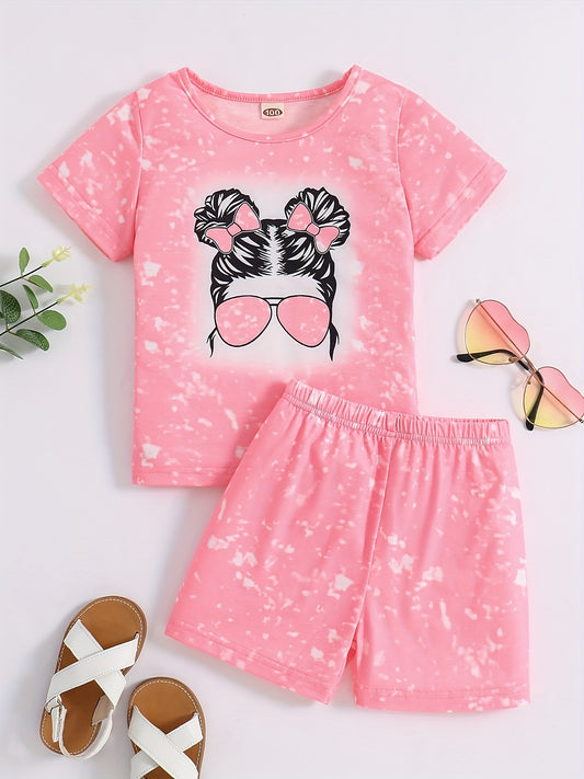 2pcs Toddler Girls Tie Dye Bow Figure Graphic T Shirts & Shorts Set