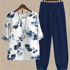 Floral Print Blouse & Solid Pants Set