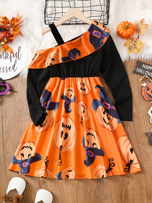 Cartoon Pumpkin Print One Shoulder Halloween Dress
