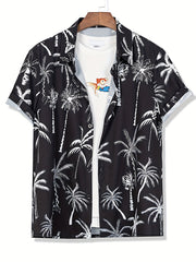 Cat & Coconut Tree Print Men's Short Sleeve Shirt