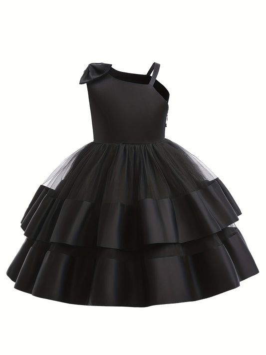 Girls Satin Stitch Tulle Princess Dress with Bow - Special Occasions