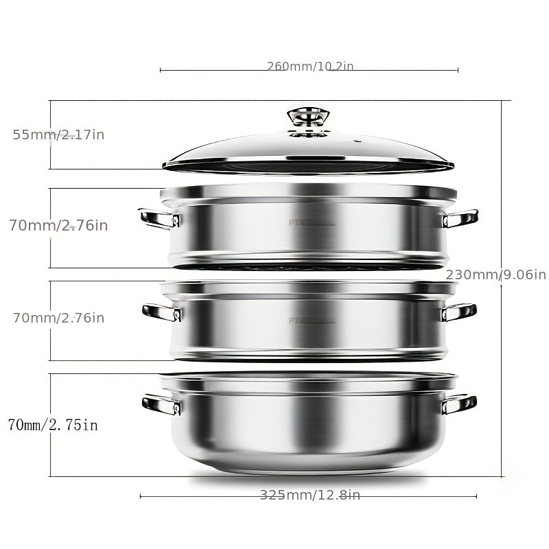 Stainless Steel 3 Tier Steamer Set Cookware Pot Sauce Pan with Lid