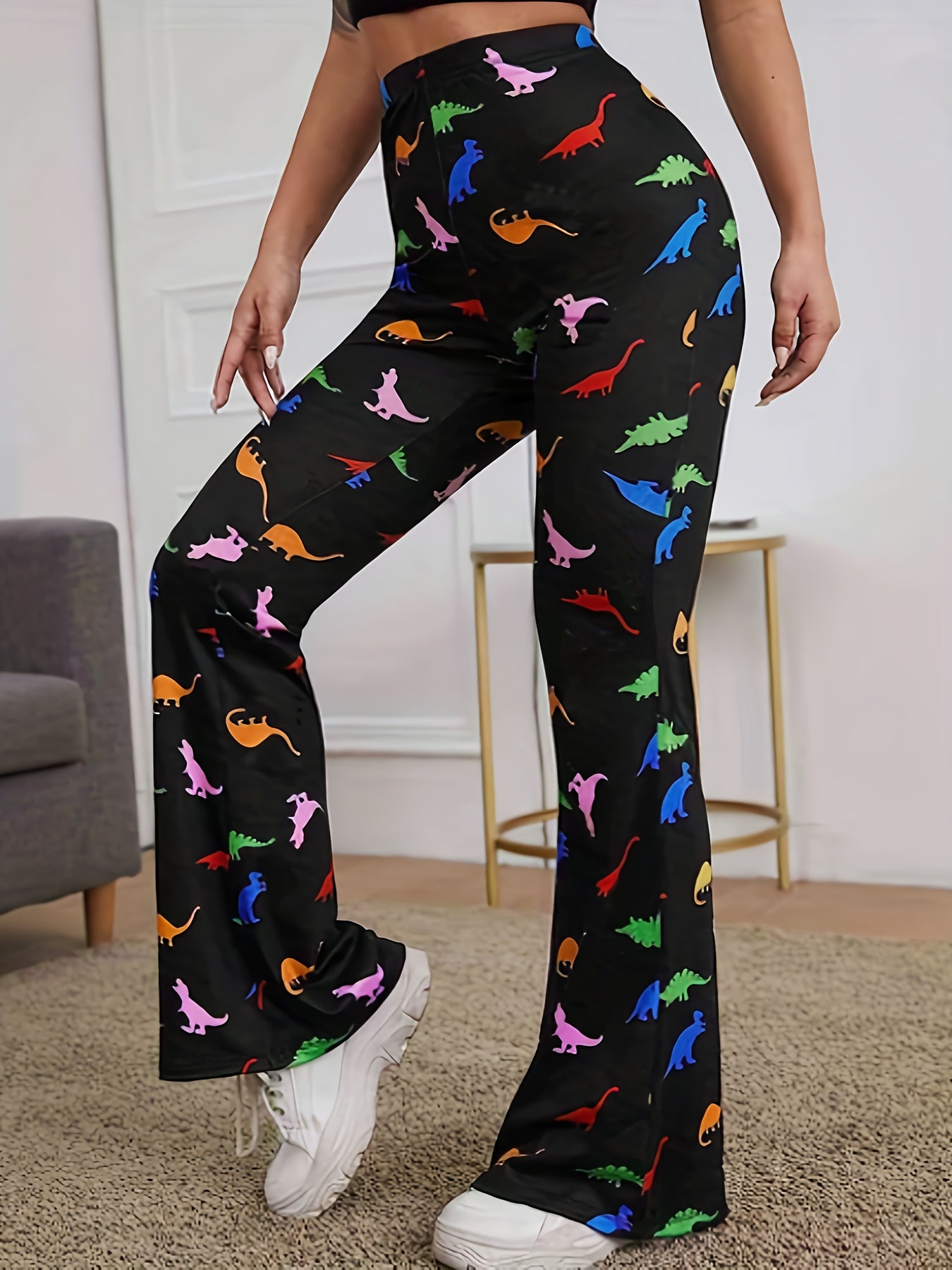 Women's Plus Dinosaur Print High Rise Flared Pants