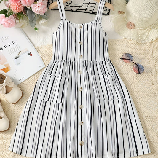 Girls Striped Button Front Summer Cami Dress with Pockets
