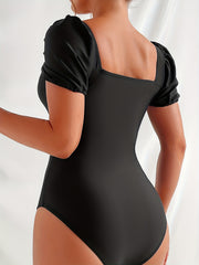 Puff Sleeve Square Neck One Piece Swimsuit High Cut Bathing Suit