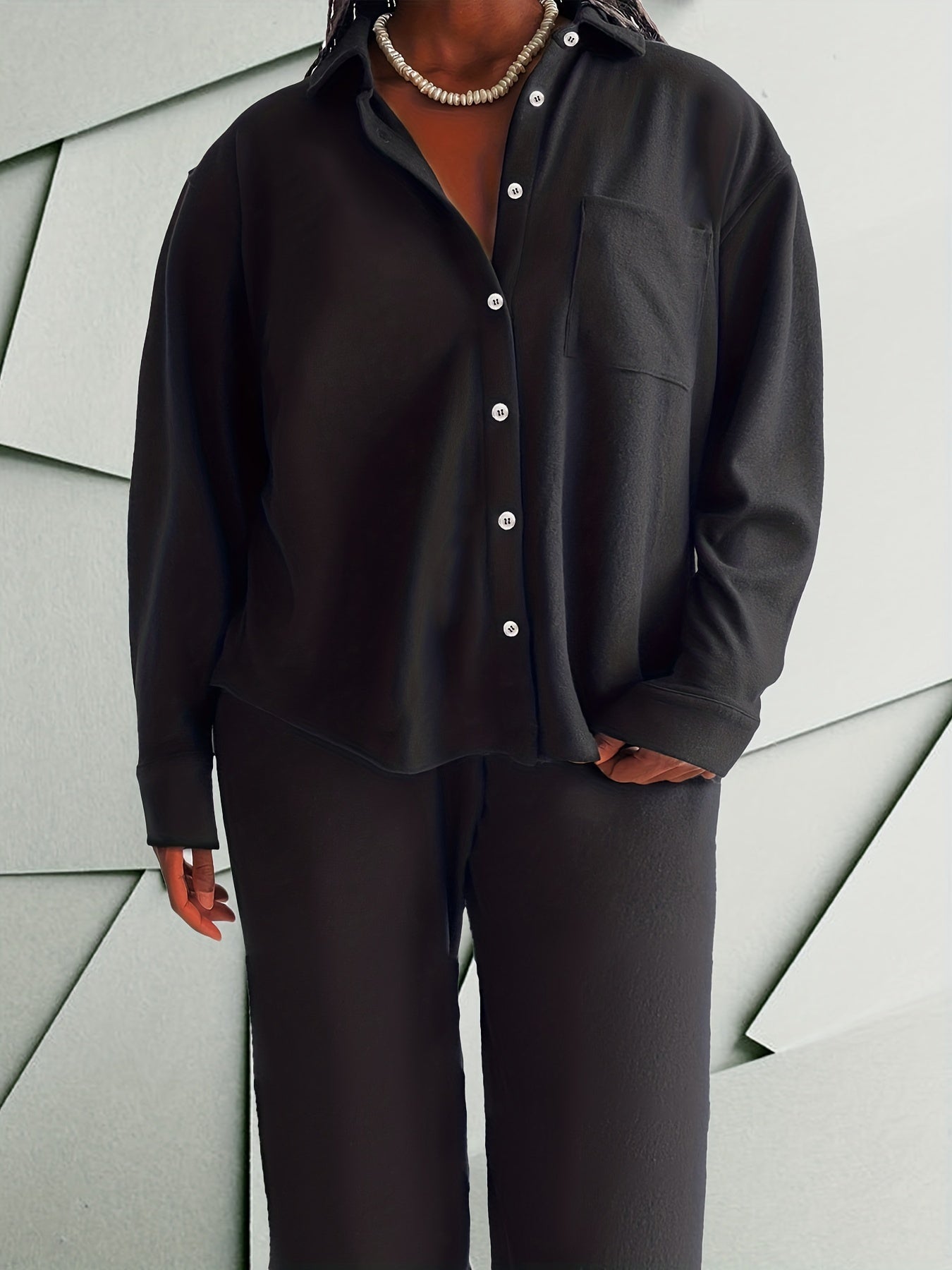  Women's Solid Long Sleeve Shirt & Pants Outfit Set