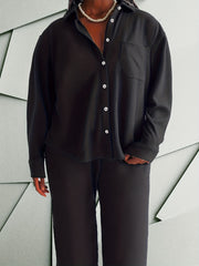  Women's Solid Long Sleeve Shirt & Pants Outfit Set