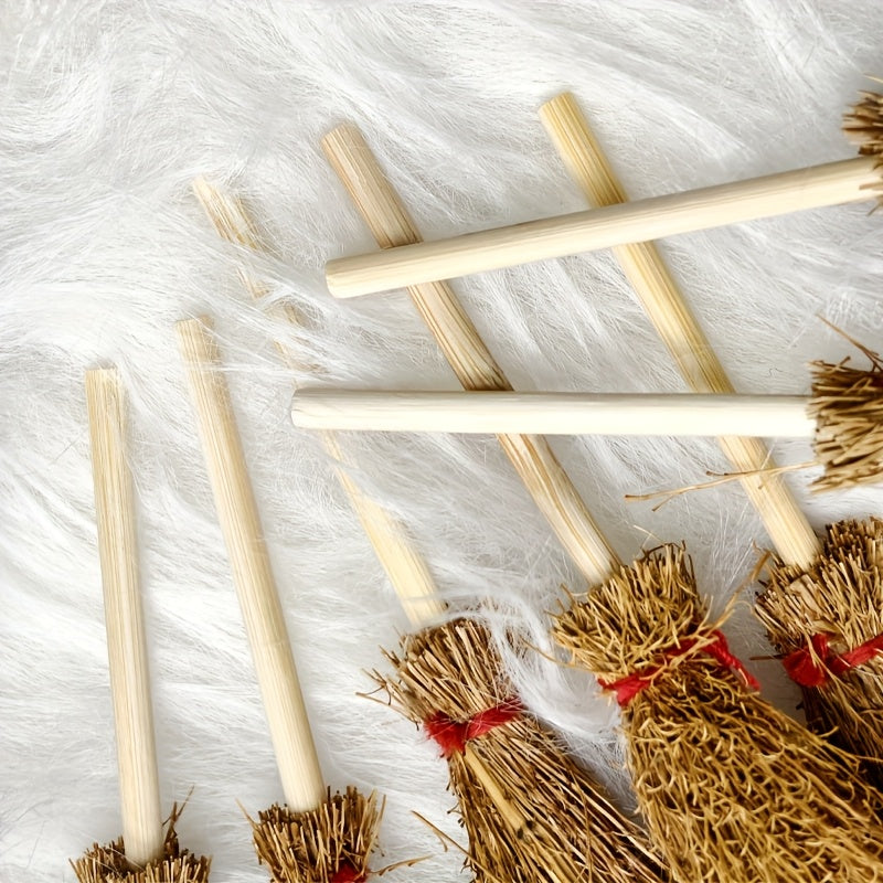 8pcs Mini Bamboo Broom Witches Hat & Star Halloween Party Decor