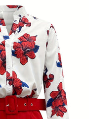 Floral Print Blouse & Wide Leg Pants Set Women's Casual Comfy Outfit