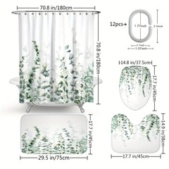 Watercolor Plant Shower Curtain Set Bathroom Decor 12 Hooks