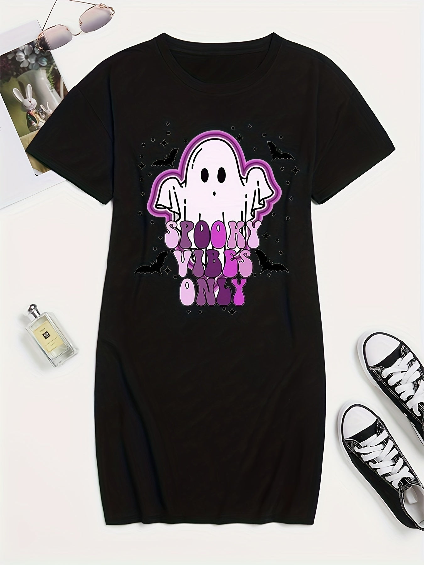 Women's Plus Ghost & Art Letter Print Short Sleeve Round Neck Tee Dress
