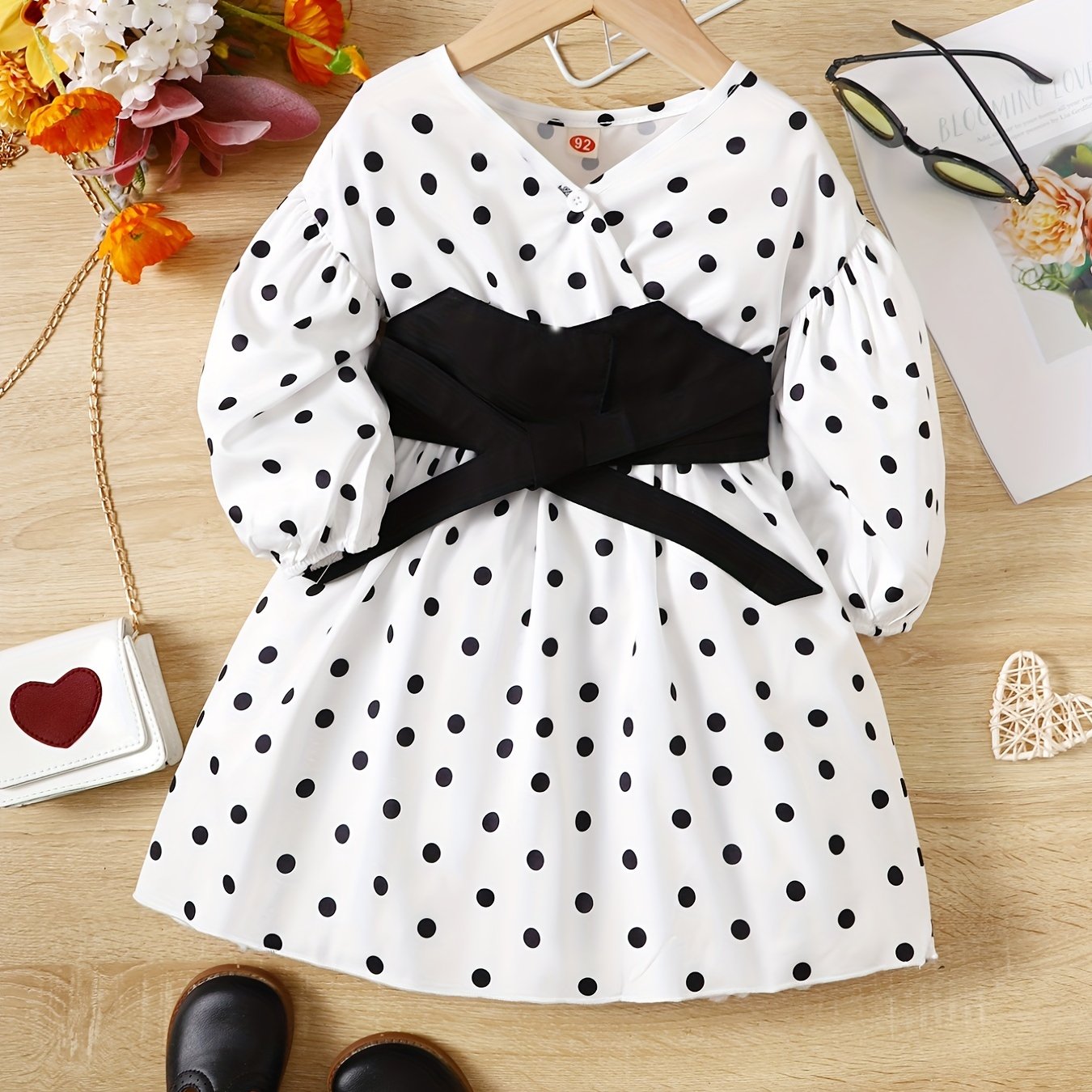 Polka Dot Long Sleeve Dress with Belt