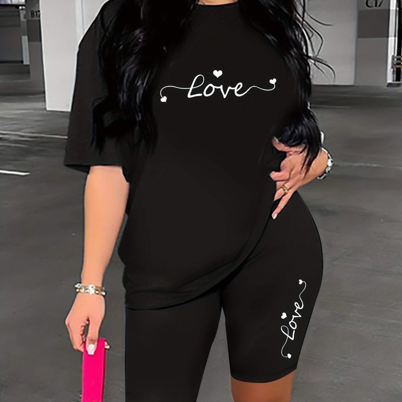 Letter Print Lounge Set Short Sleeve Top & Biker Shorts Women's Pajamas