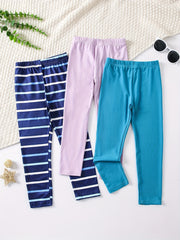 3pcs Girls' Stretch Legging Pants Plain Colors Stripe Print