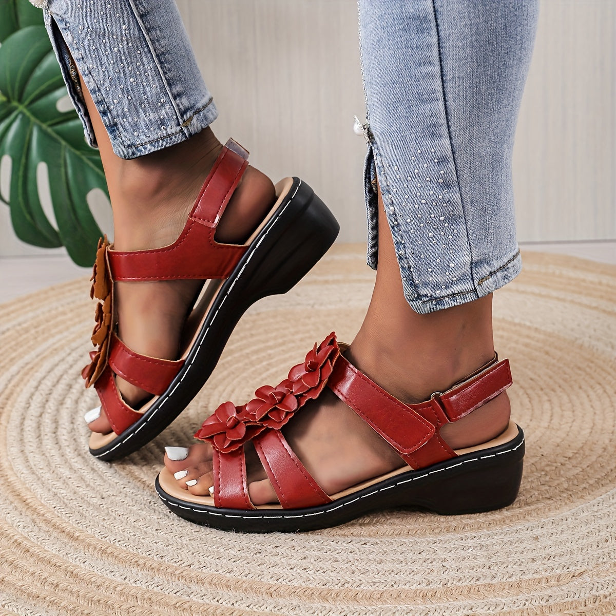 Women's Flower T Strap Wedge Sandals