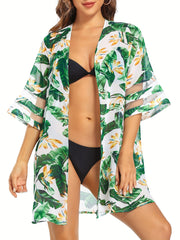 Floral Leaf Print Mesh Cardigan Cover Up Chiffon 3/4 Sleeve Beach Coverup
