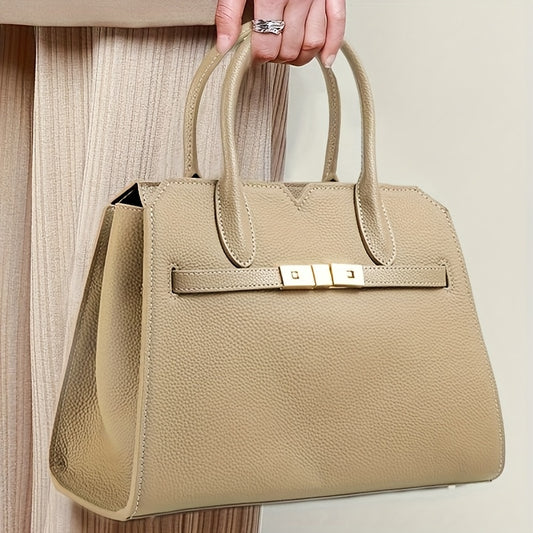 Vintage Style Beige Leather Handbag with Golden Accents