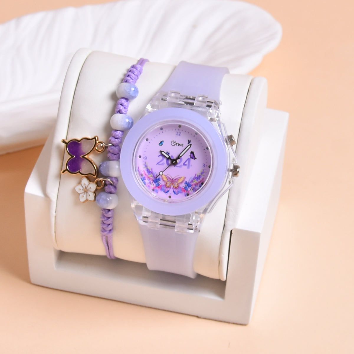 2pcs Girls' Butterfly Watches Set Silica Gel Strap & Plastic Case