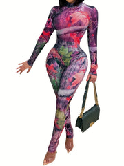 Vintage Graphic Print 2pc Set Bodysuit & High Waist Pants Women's Clothing