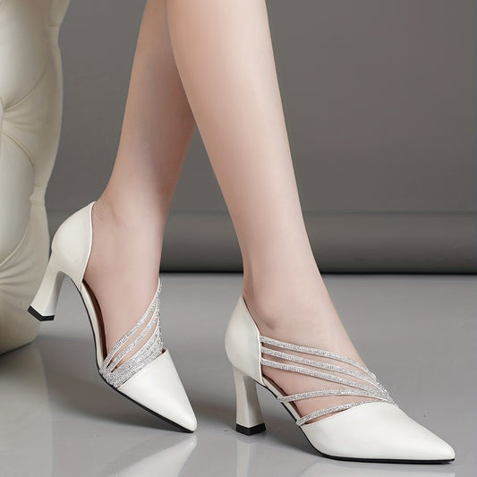 Women's Rhinestone Chunky Heel Pointed Pumps