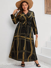  Chian Print Long Sleeve Surplice Neck Stretch Maxi Dress
